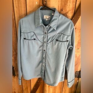 NWOT Panhandle Slim Women's Western Shirt Pearl Snap Sky Blue/ Black L